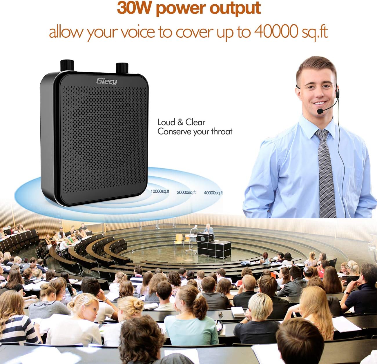 Giecy Voice Amplifier Portable Bluetooth 30W 2800mAh Rechargeable PA System Speaker for Multiple Locations Such as Classroom, Meetings and Outdoors: Musical Instruments