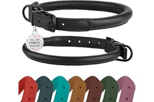 BRONZEDOG Rolled Leather Dog Collar Soft Round Collars, ID Tag for Small Medium Large Dogs (16-20 inch, Black Midnight)