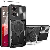 WRTBS Phone Case for Motorola Moto G85 5G Case with Glass Screen Protector, Built Slide Camera Protection Cover,Military Heavy Duty Full Body Protective Phone Case - Black