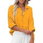 Diosun Womens Casual Button Down Shirts V Neck Long Sleeve Cotton Loose Fit Plain Work Blouse Tops with Pocket