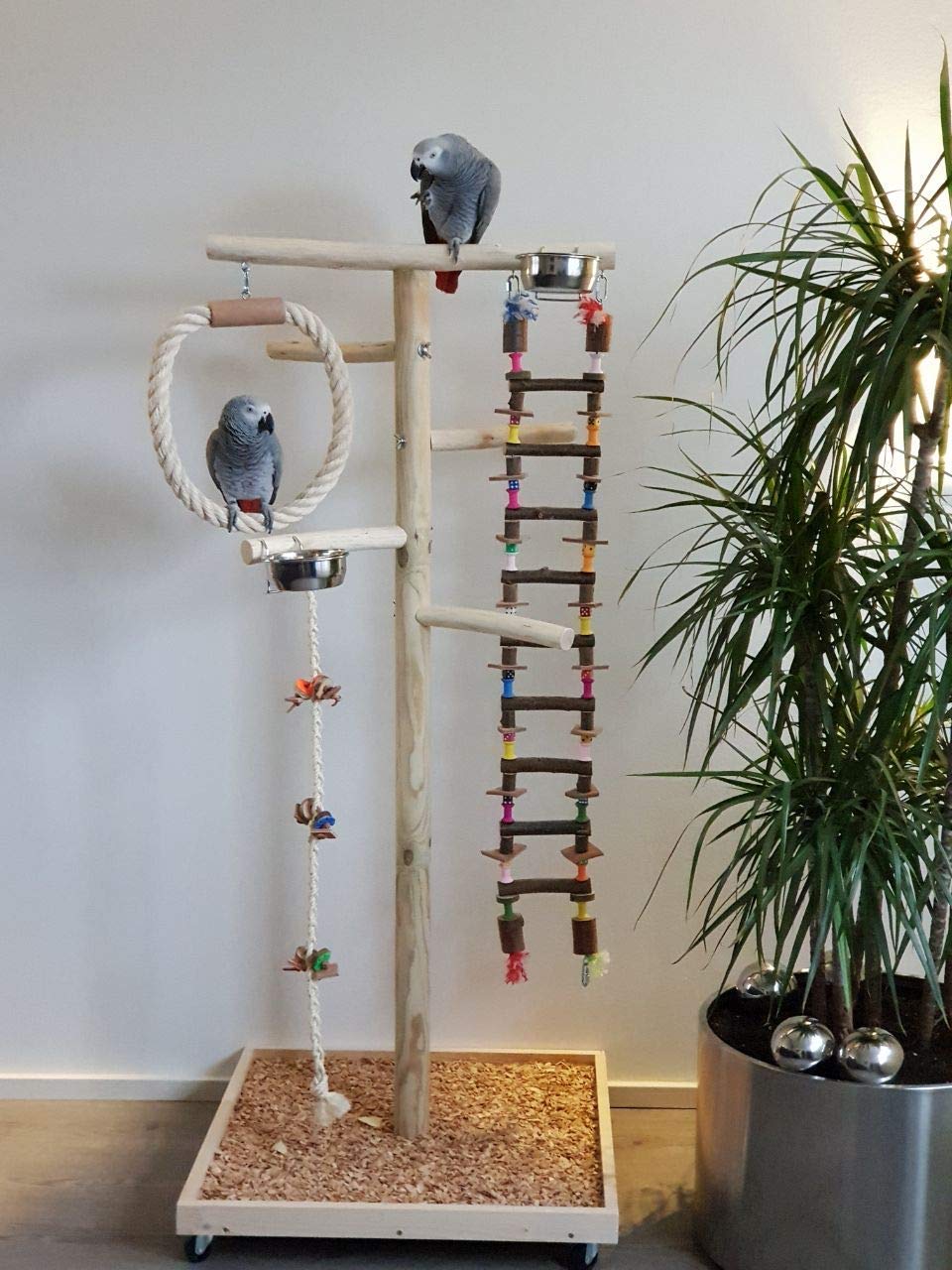 Vogel-Spielständer Aus Holz Mit Sitzstangen & Futterschalen – Für Papageien & Sittiche