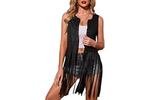 HOTOUCH Women Fringe Vest 70s Hippie Costume Faux Suede Sleeveless Tassels Cardigan Cowgirl Western Tops