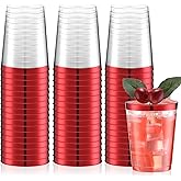 Norme 50 Pcs 10 oz Plastic Party Cups Clear Plastic Disposable Tumblers Rimmed Cups for Wedding, Thanksgiving Day, Christmas, Drinking(Red)