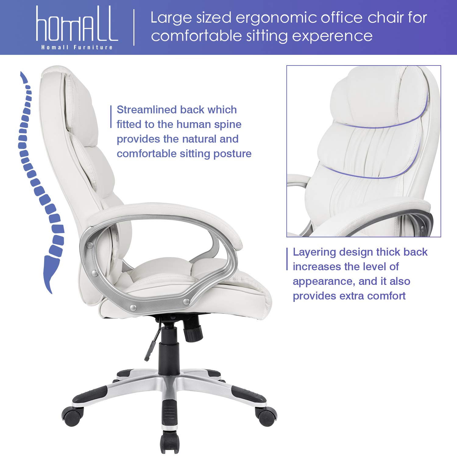 Homall Office Chair High Back Computer Desk Chair, PU Leather Adjustable Chair Ergonomic Boss Executive Management Swivel Task Chair with Padded Armrests (White)