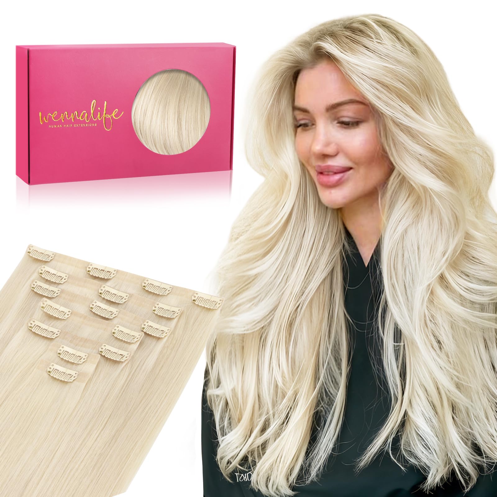 Wennalife Seamless Clip In Hair Extensions, 14 Inch 130g Platinum Blonde Extensions Real Human Invisible PU Skin Weft Natural Remy 1.0 count — image 1