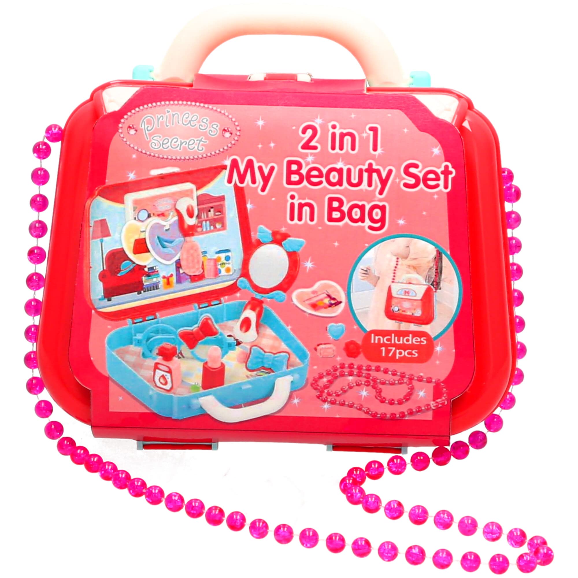 Atoz Princess Secret 2-in-1 Beauty Set in Bag, 17 Pieces Pretend Play Toy with Beaded Strap, Pink and Mint