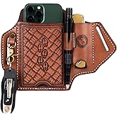 Tourbon Leather Cell Phone Holster with Belt Loop Case Tool EDC Folding Knives Sheath Pencil Slot Holder Key Clip for Men