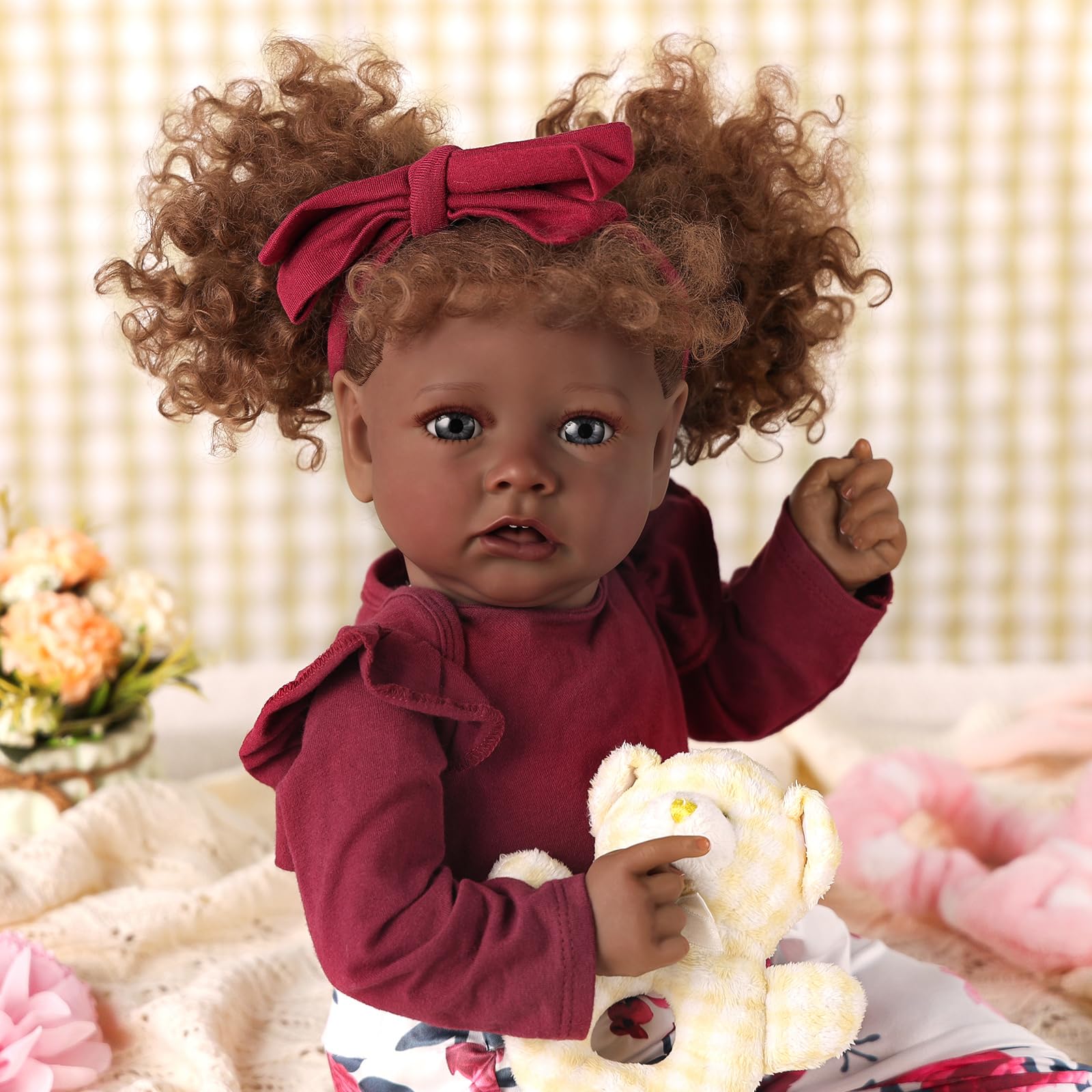 BABESIDE 3 Pcs Reborn Baby Doll Clothes for 17-22 Inch Babydolls, Floral Patterns Lifelike Baby Doll Accessories for Realistic Baby Dolls Girl, Wine Red