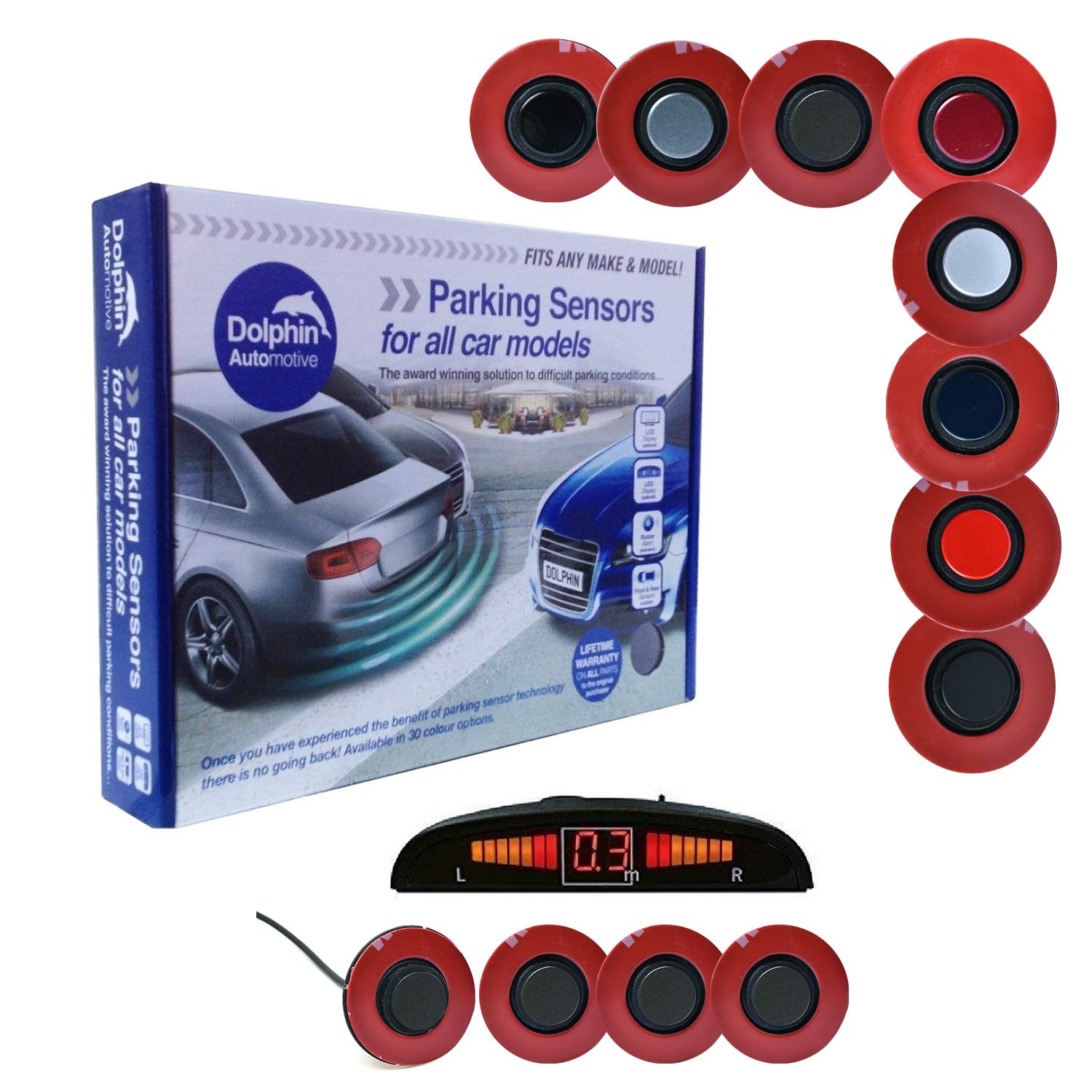 Dolphin Automotive DFM450 Reverse Parking Sensors Flush Mount OEM Style. 4 Ultrasonic Radar Sensor Kit Audio & Display Option - Gloss Black (LED Display With Audio Alerts)