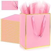 Addblu 28 Pack Bulk Luxury Gift Bags with Handles, Medium Size 9x7x3.15 Inches - Includes 28 Tissue Papers for Wedding, Birthday, Baby Shower, Thanksgiving, Christmas, & Party Favors (Pink with Gold Foil Trim)