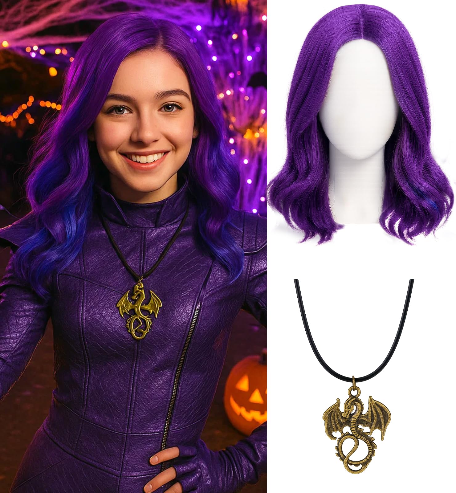 Photo 1 of Swooflia Purple Wavy Wig for Women & Cosplay Accessories - Convenient Set Includes Adjustable Wig Cap, Necklace, Cosplay Wig for Halloween, Costume, Party and Daily Use (Wig-26)
