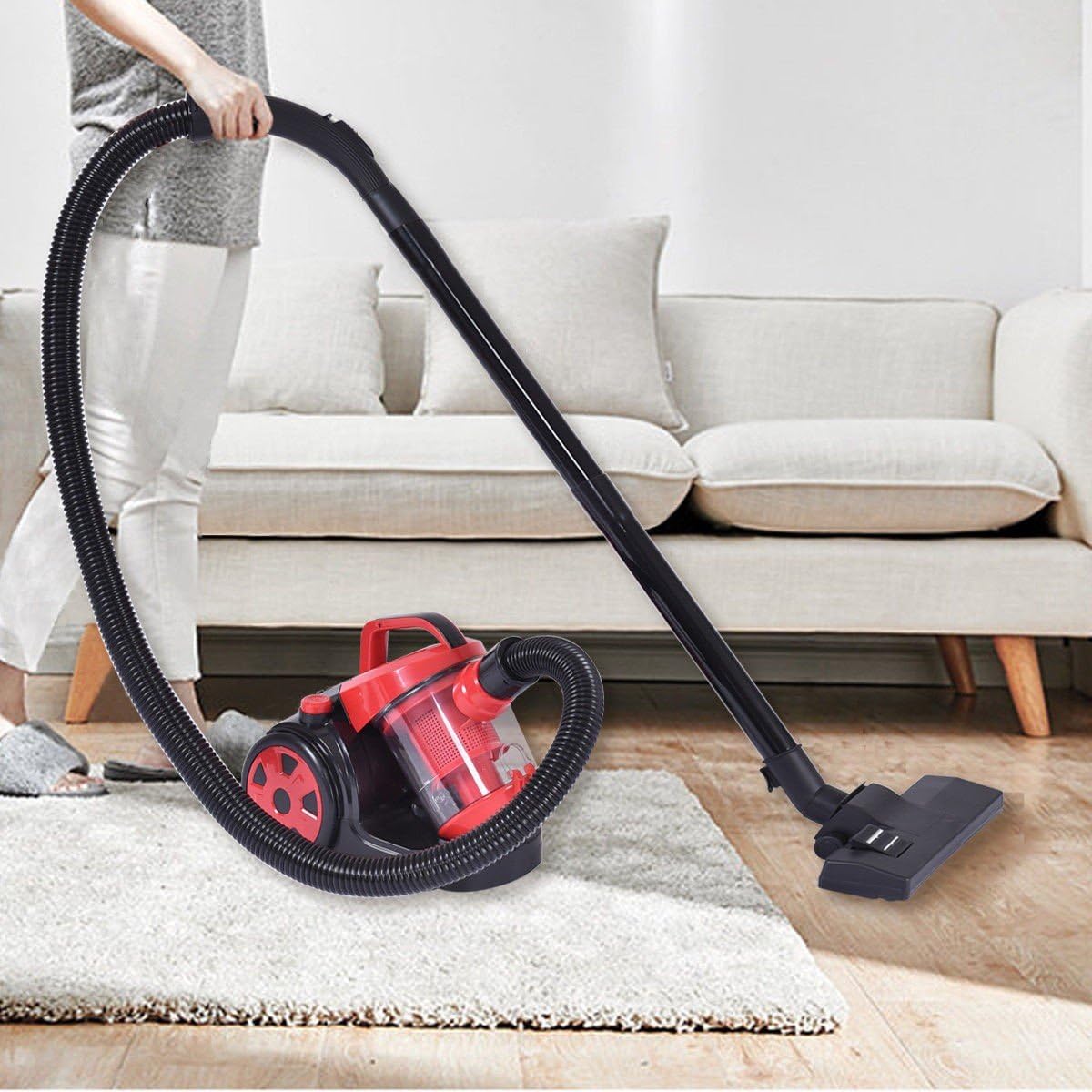 700 Watts 110 Volt, 60 Hz Bagless Cord Rewind Canister Vacuum Cleaner with HEPA Filtration, Weight 7.9 Pound, Multifunctional with one Step On/Off Button Red/Black