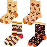 Qpout 4 Pairs Thanksgiving Socks Novelty Funny Fall Turkey Socks,Cute Autumn Harvest Turkey Hedgehog Striped Pattern Maple Leaf Sock for Women Men Boy Girl Costume Holiday Gifts