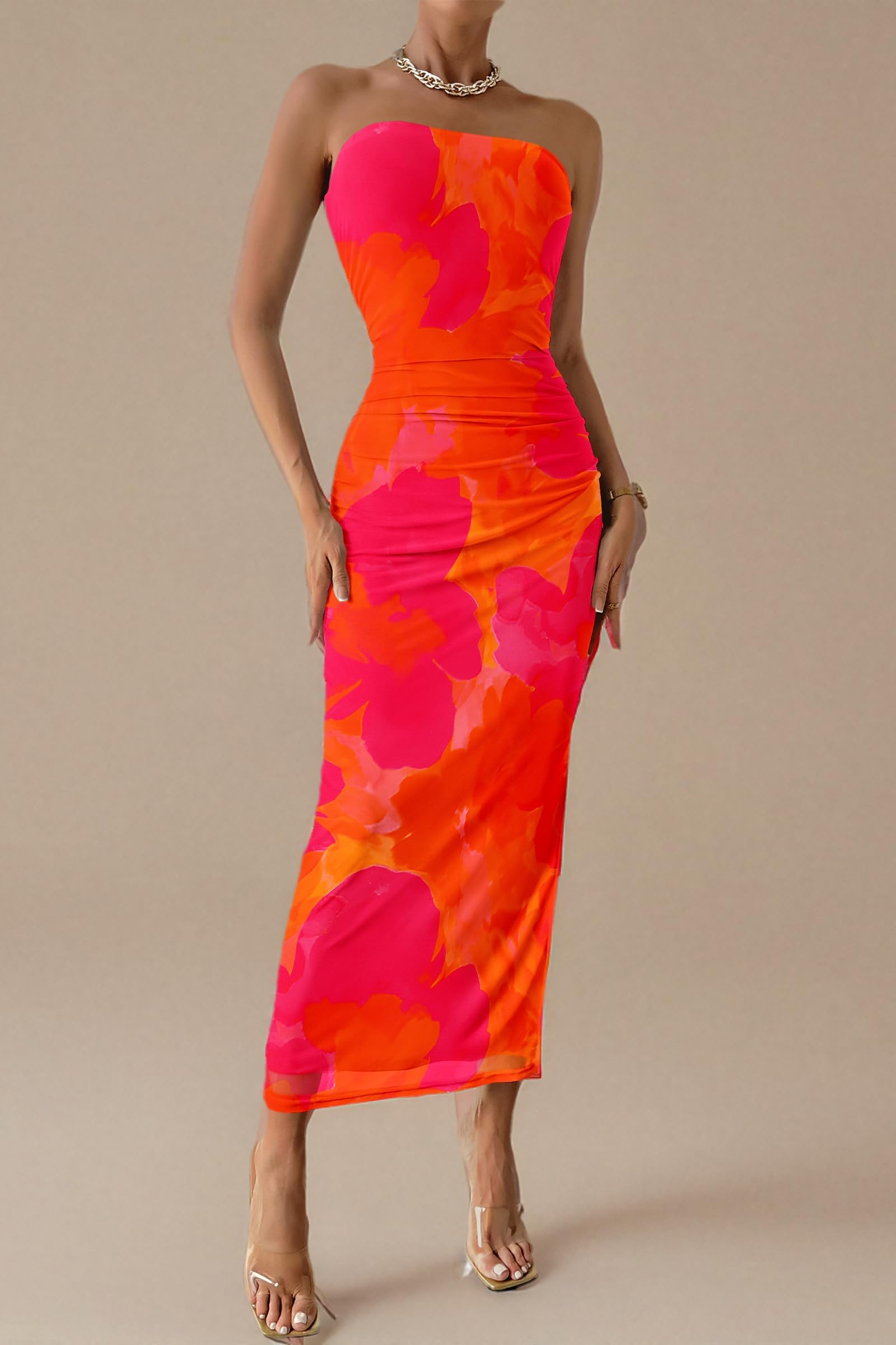 PRETTYGARDEN Women's Summer Maxi Bodycon Dresses Strapless Tube Top Slit Floral Printed Party Club Long Dress