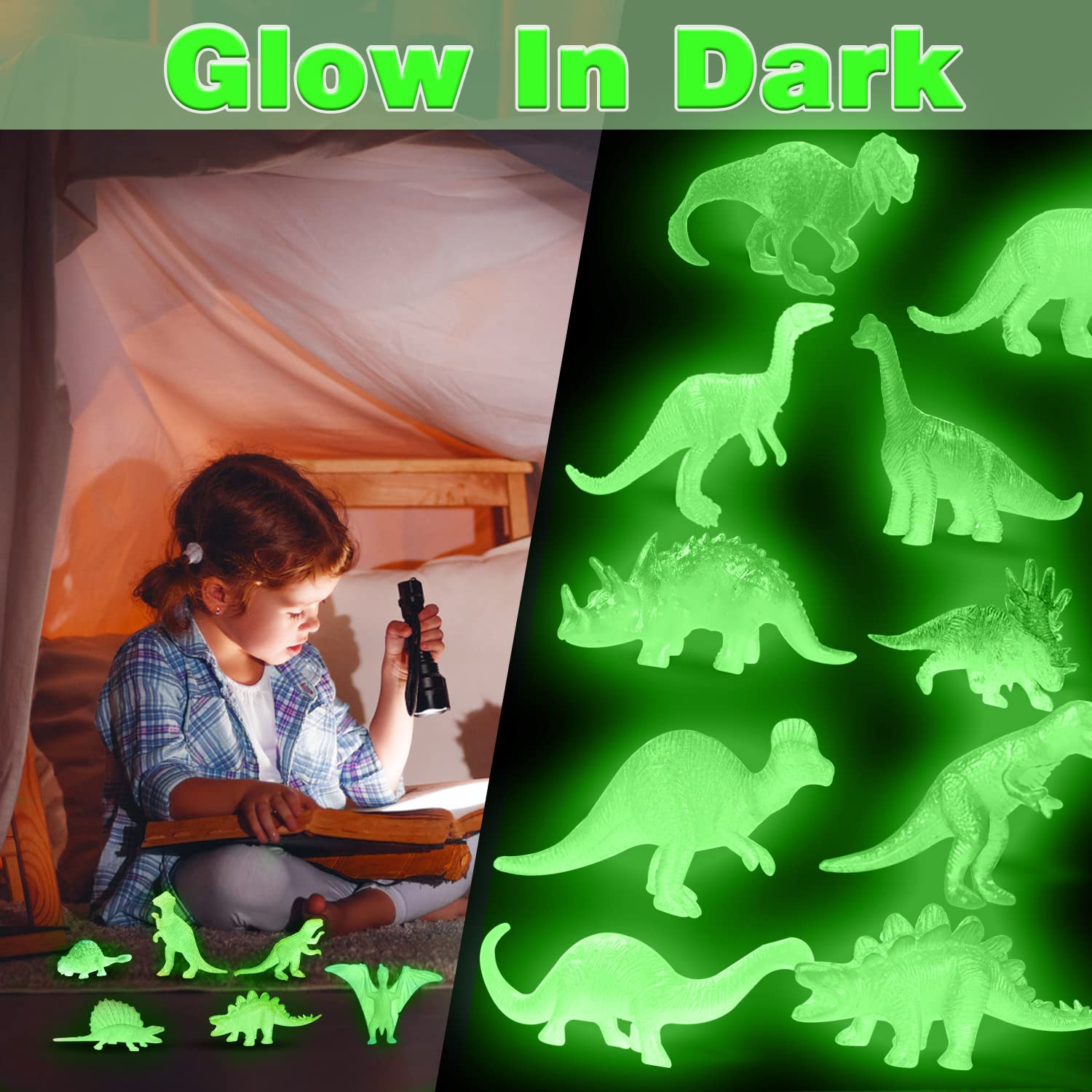 48 PCS Dinosaur Toys Glow in Dark Easter Baskes Gift Light up Decor Mini Dino Figures Birthday Party Favor Supplies Bulk Cake Topper Goodie Bag Stuffer Pinata Goody Filler Class Prize Treasure Box Kid