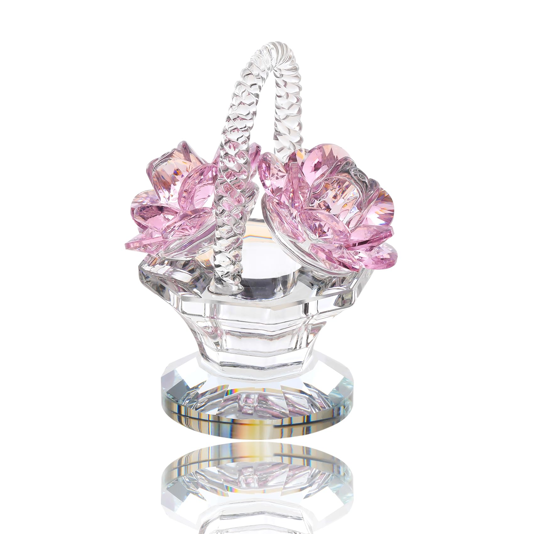 Crystal Pink Rose Flower Basket Collectible Figurines Gifts for Women, Glass Rose Bouquet Floral Keepsake Paperweight Ornaments