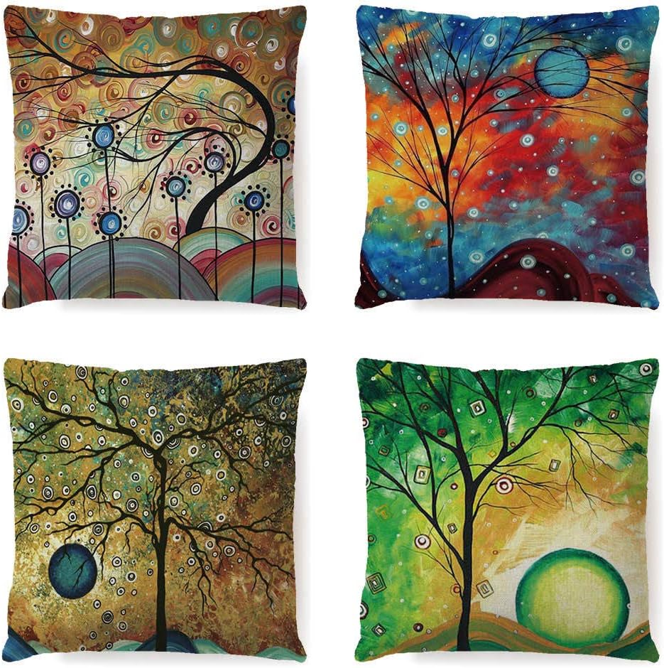 LYNKOCushion Covers 45 x 45cm,Set of 4 Linen Pillow Covers Decorations Fantasy Tree for Sofa, Outdoor Garden, Bed, Couch, Car(18"x18")