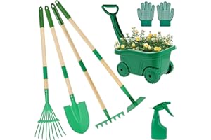 KHZSPP 7Pcs Kids Gardening Tool Set with Wheelbarrow,Kids Gardening Tools with Shovel Hoe Leaf Rake Spray Outdoor Backyard Fa