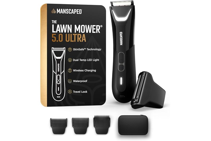 MANSCAPED® The Lawn Mower® 5.0 Ultra Groin & Body Hair Trimmer – Dual-Head SkinSafe® Trimmer & Foil Blades, Waterproof Wet/Dry Groomer, USB-C Rechargeable with Travel Case, Men’s Ball Shaver, Black