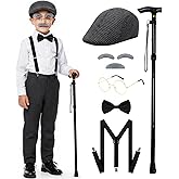 Mscawow Old Man Costume for Kids–100 Days of School Costume with Hat,Glasses,Suspenders & Cane