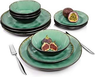 Sänger Tafelservice Palm Beach – 12 teiliges Geschirr-Service für 4 Personen, farbiges Teller-Set aus Steingut mit Servierteller, Dessertteller und Schalen, Vintage-Look durch Reißlack-Effekt
