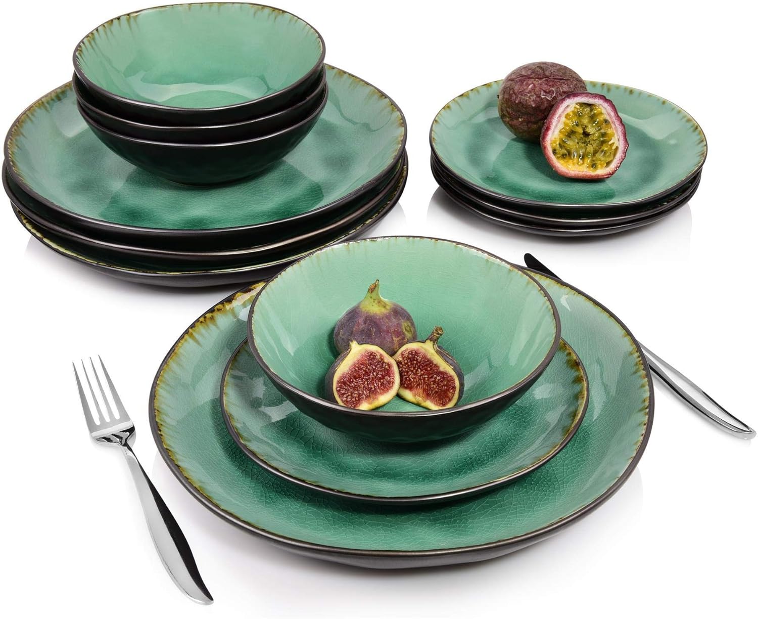 Sänger Tafelservice Palm Beach – 12 teiliges Geschirr-Service für 4 Personen, farbiges Teller-Set aus Steingut mit Servierteller, Dessertteller und Schalen, Vintage-Look durch Reißlack-Effekt