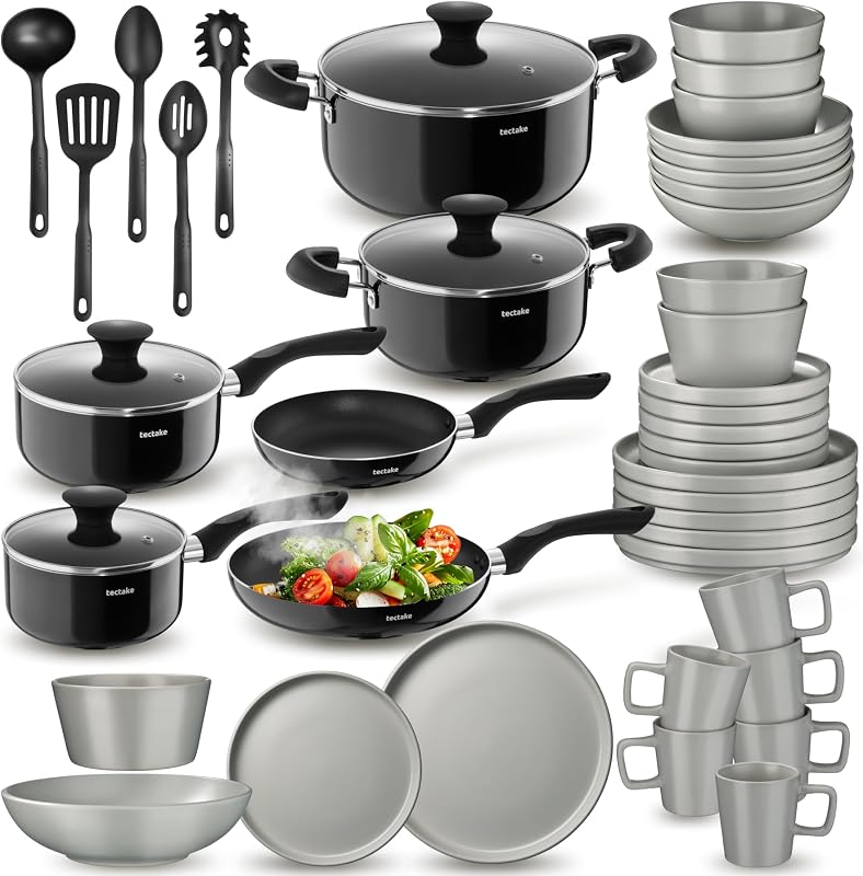 ® Set de Cuisine 45 Pièces, Vaisselle en Grès émaillé 6 personnes