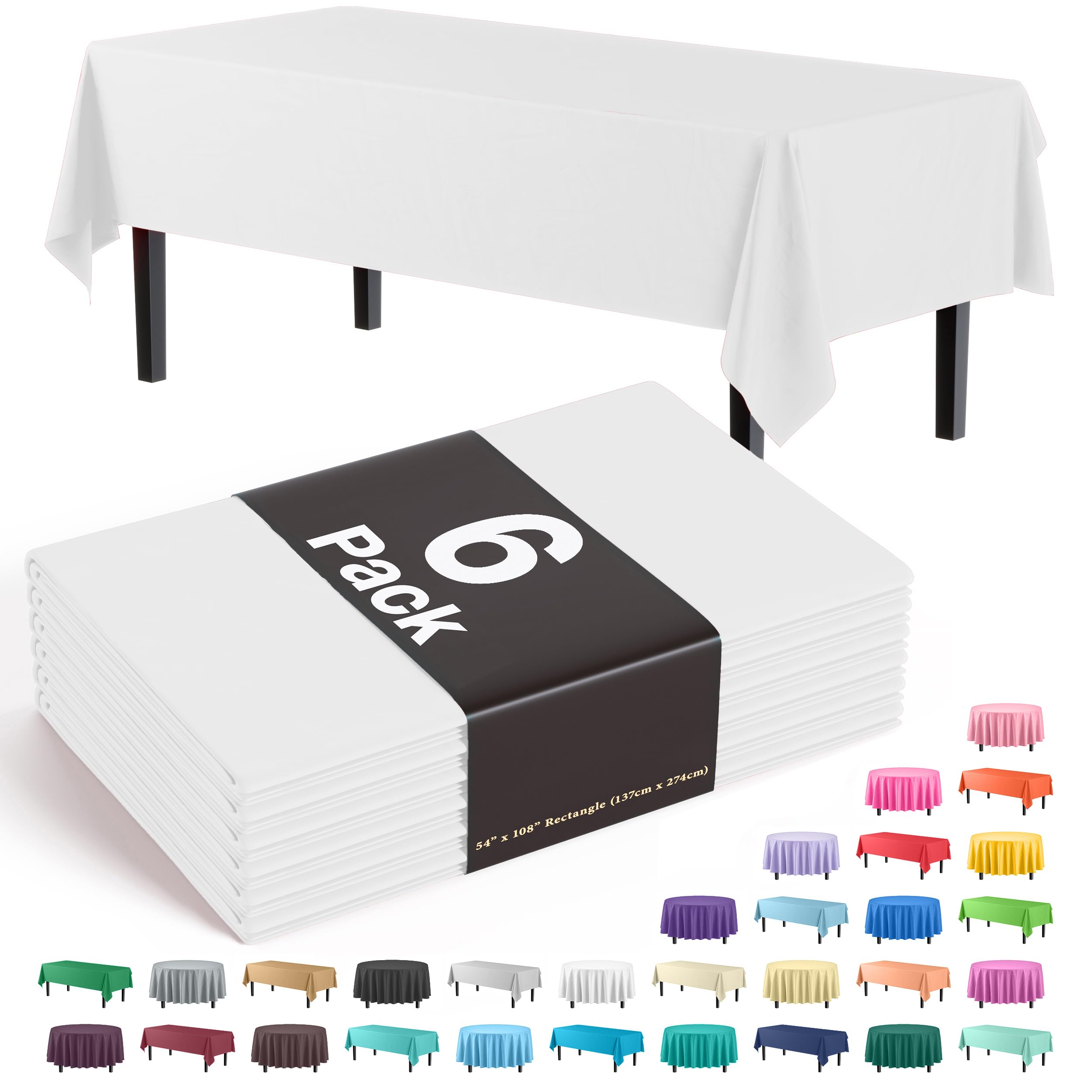 Photo 1 of Party Solids 6-Pack Premium Plastic Tablecloth 54in. x 108in. Rectangle Plastic Table Cover - White