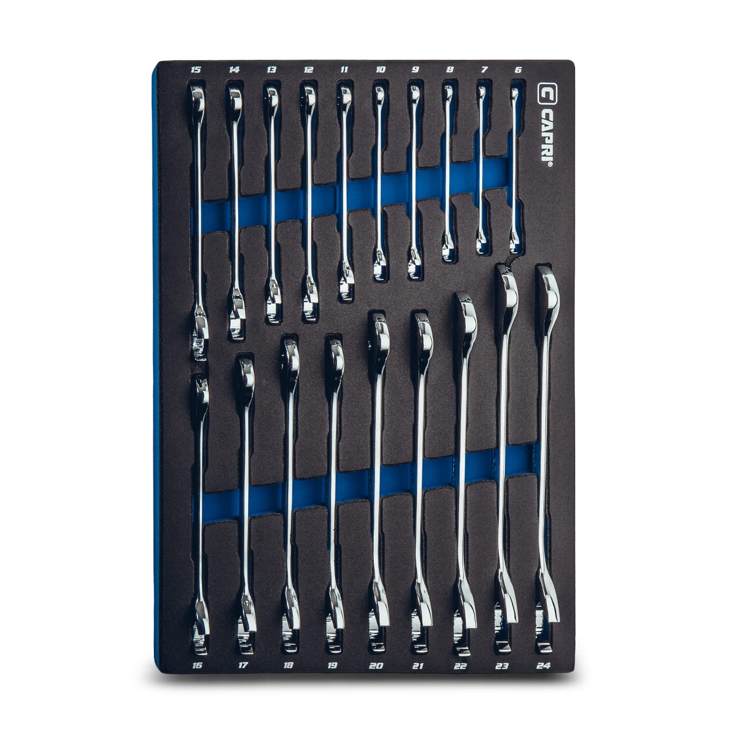 Capri Tools Angle Open End Wrench Set, 30° and 60° Angles, 6-24 mm Metric, 19-Piece with Mechanic's Tray