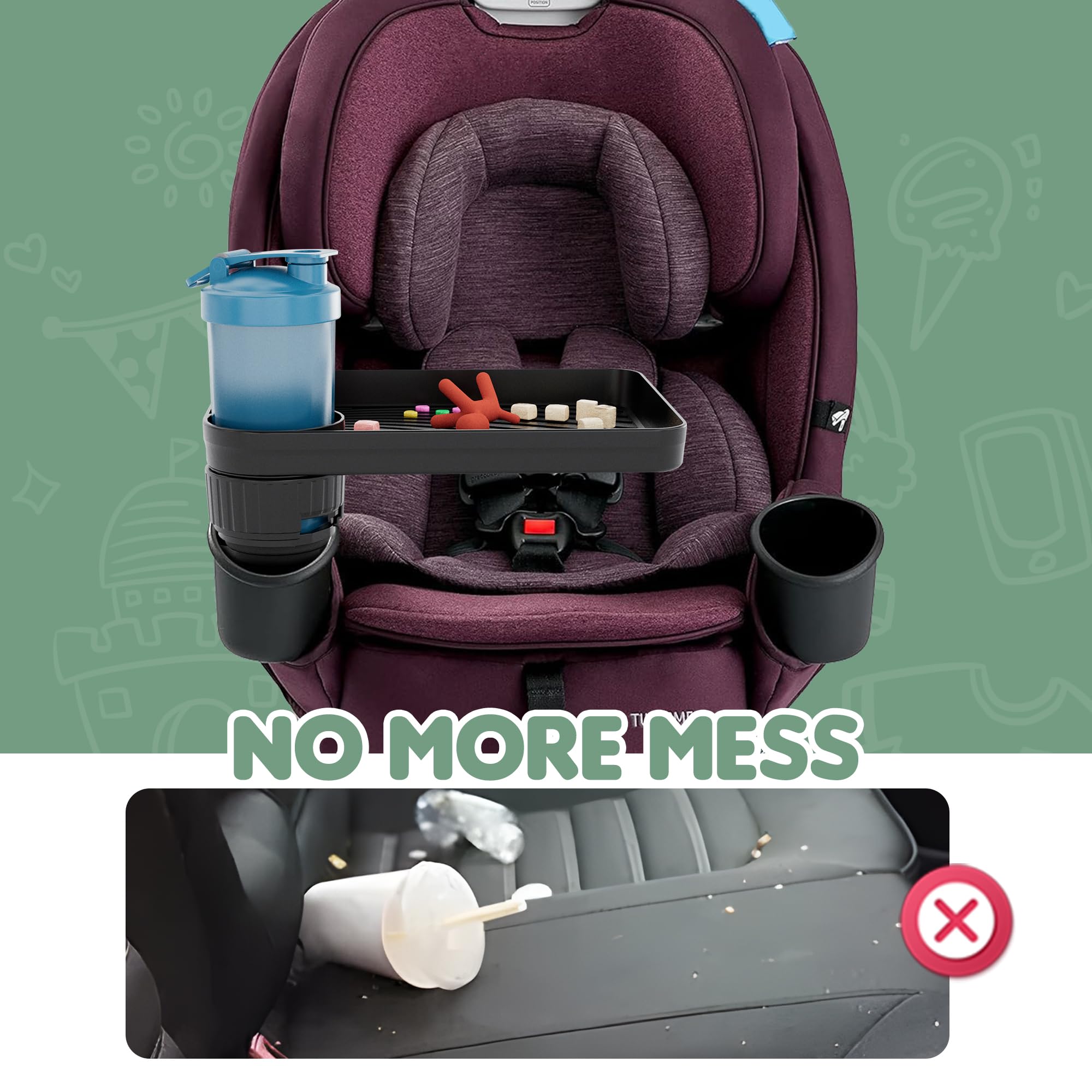 Upgraded Car Seat Tray for Kids Car Seat Tray with Expandable Base for Snacks, Toys, Books, Entertainment Kids Travel Essentials Fits 2.8''-3.2'' Cup Holders (1, Standard Base)