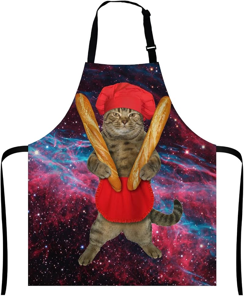 Wasach Cat Apron Beige Baker Red Chef Hat French Bread Adjustable Bib Kitchen