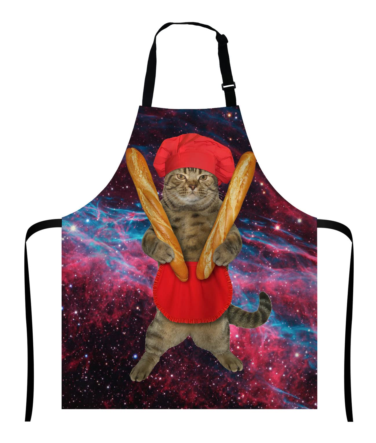Wasach Funny Cat Apron, The beige cat baker in a red chef hat and apron is holding two loaf of french bread Adjustable Bib, Cooking Kitchen Apron for Men Women