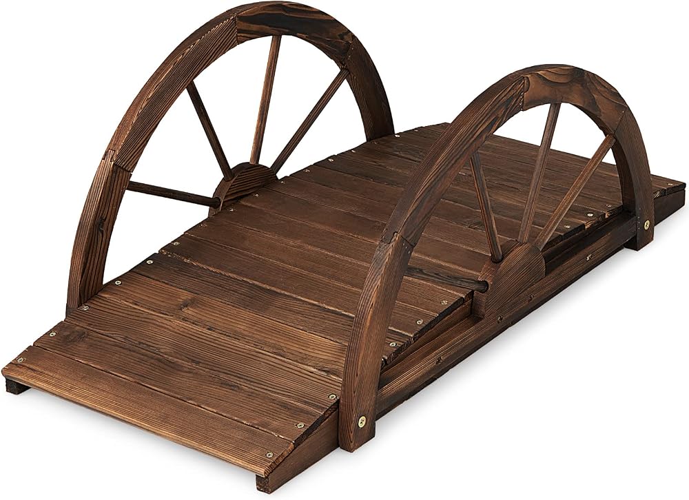 TANGZON Wooden Garden Bridge 102CM Arc Footbridge with Half-wheel Railings