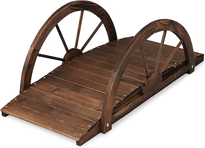 TANGZON Wooden Garden Bridge 102CM Arc Footbridge with Half-wheel Railings