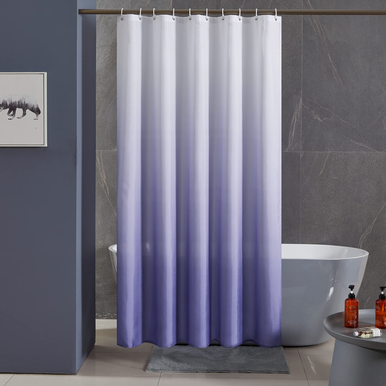 Furlinic Shower Curtain Mould Proof Polyester Fabric Wetroom Bath Curtains Waterproof Machine Washable with 12 Hooks for Bathroom White to Purple 72x78 Inch(180x200cm).