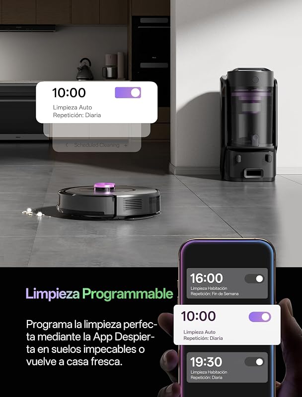 W15 Robot Aspirador 10000Pa, con Fregona y 5 Mapa Inteligente, Autonomía 180Min, Fácil Programa, 4L Base Autovaciado sin Bolsa, Robot Aspiradora Fregadora para Suelos/Alfombras/Partícula
