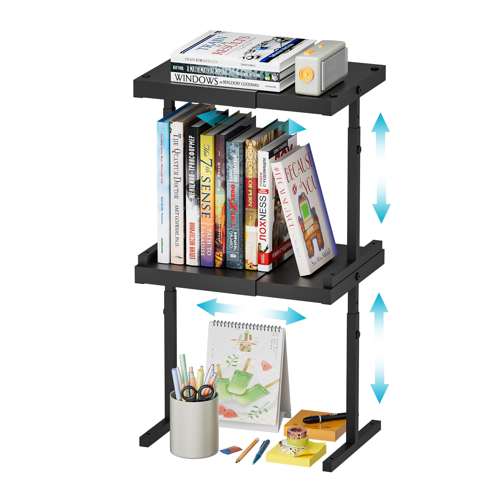 Photo 1 of Hayexiha Locker Shelf Organizer for School Locker, Adjustable Width and Height, 2 Pack Stackable Metal Locker Shelf, Expandable Locker Organizer for School, Work, Gym, Black