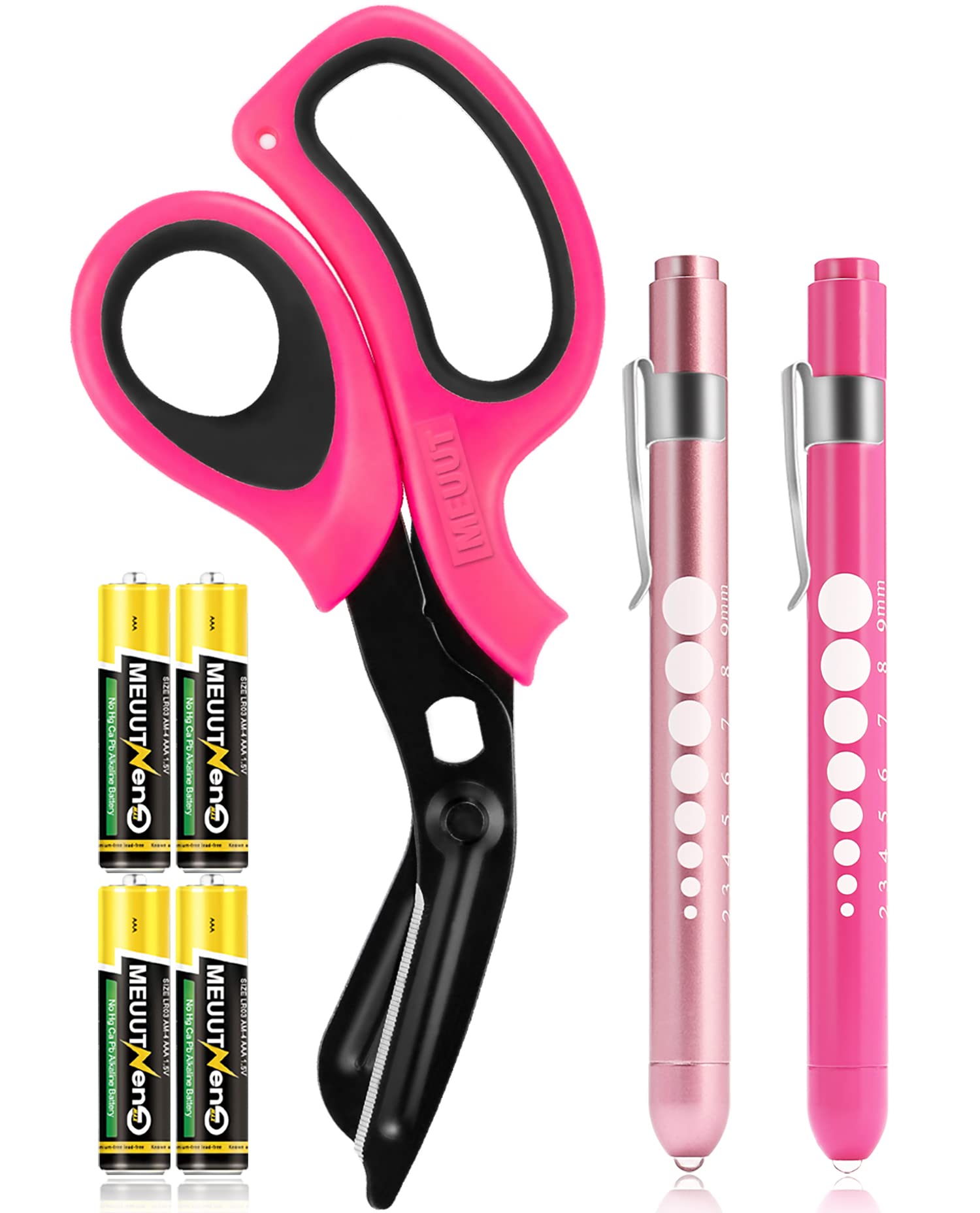 Photo 1 of MEUUT 3 Pack Pen light & Medical Scissors-One Pantented Trauma Scissor Two LED Penlight with Pupil Gauge -8" Bandage Scissor for Nurse Doctor EMT