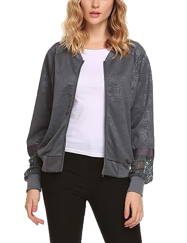 Finejo Damen Blumen Bomberjacke Blouson mit Reißverschluss Geblümte BlousonJacke Stehtkragen Kurz Floral Jacke