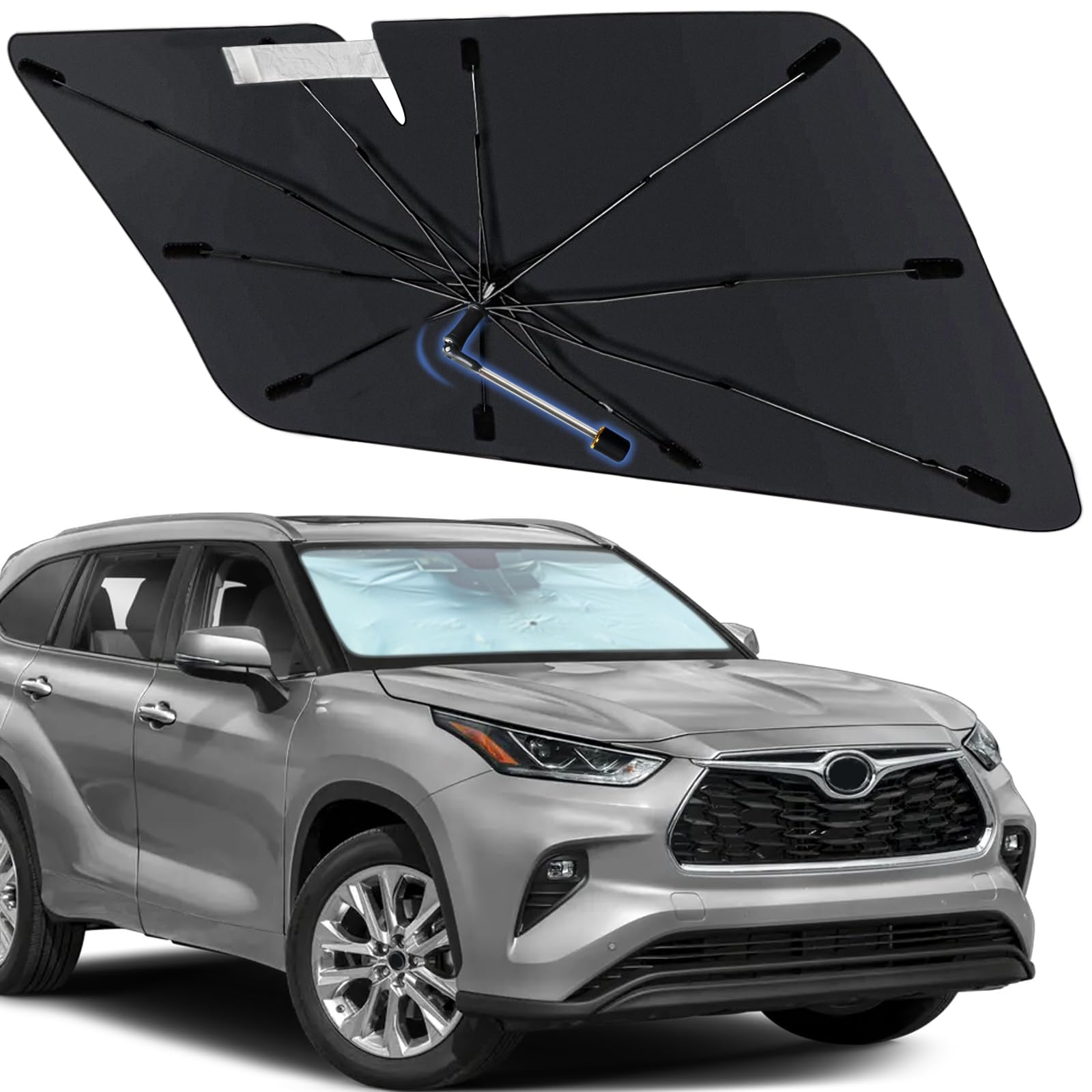 Photo 1 of Windshield Sun Shade Umbrella for Toyota Highlander 2020-2025, Foldable Front Window Sunshade with 360° Rotating Shaft, Custom Fit Car Shades for Highlander Accessories with UV & Heat Protection