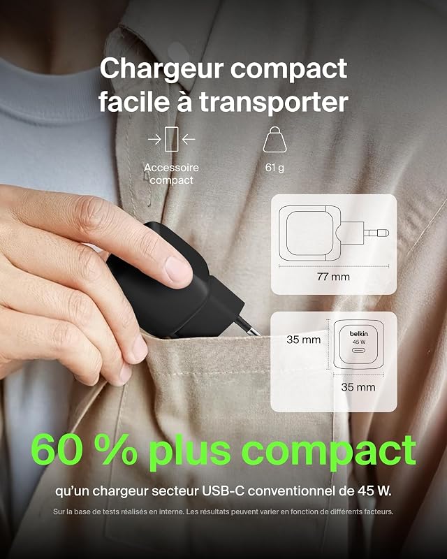 BoostCharge Chargeur Secteur Compact 45 W, USB-C PD, Recharge Rapide, pour Tous Les modèles de l'iPhone 17, iPhone 16, iPhone 15, Samsung Galaxy, Google Pixel, iPad, AirPods, etc. - Noir