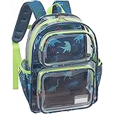 Bagseri Clear Backpack for Boys - 15 Inch Heavy Duty Kids Clear Bookbag for Kindergarten to Grade 2, Transparent School Bag with Reflective Strip, Fits Folders, Green Dinosaur