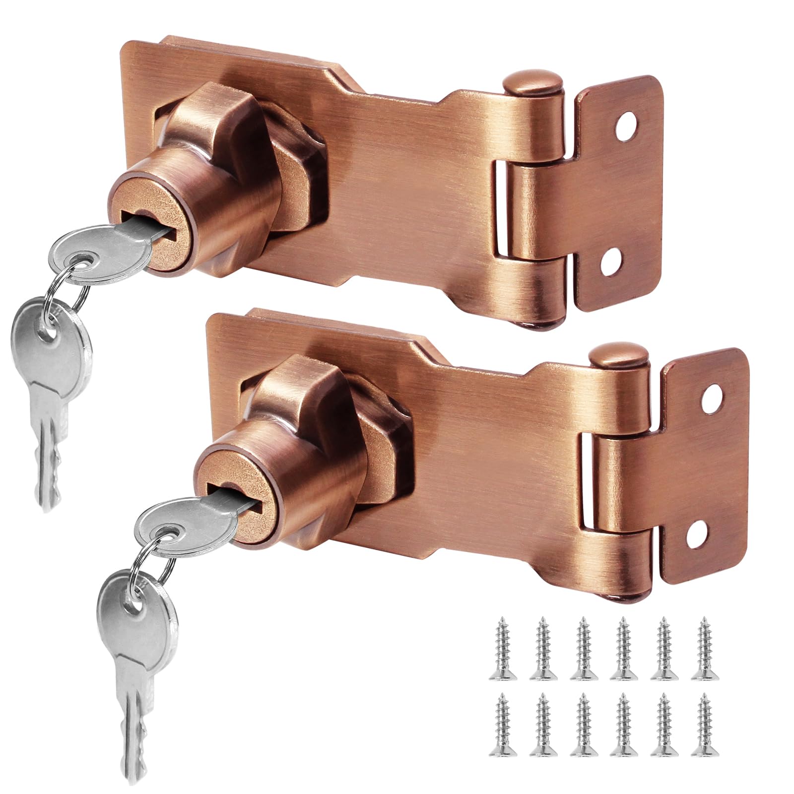 Kyuionty 2Pcs Keyed Hasp Locks 3 Inch Twist Knob Keyed Locking Hasp, Metal Safety Hasp Latches Keyed Different Hasp Lock Catch Latch for Small Doors, Cabinets (Red Bronze)