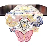 LeLehome 14" X 69" Embroidery Butterfly Cutwork Table Runner | Colorful Floral Dining Room Decor for Home Party Kitchen Restaurant, Summer Spring Flower Decoration