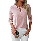 WDIRARA Women's Criss Cross V Neck T Shirts Long Sleeve Tees Casual Tops