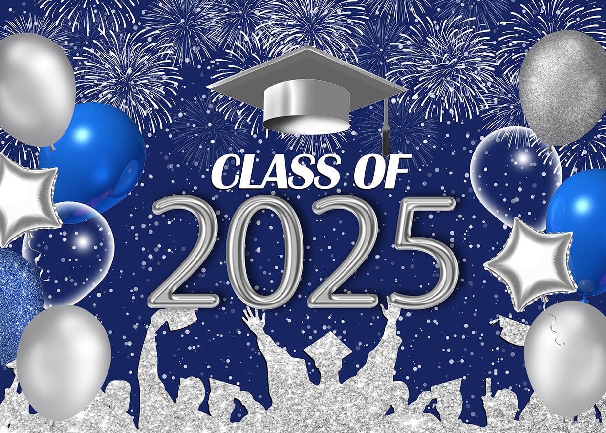 LYCGS 7x5ft Graduation Backdrop Navy Blue and Silver 2025 Graduation ...