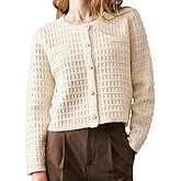 EVAZOU Women's Cropped Cardigan Sweater, Crew Neck Pearl Button-Down 2025 Fall Long Sleeve Trendy Sweater Top
