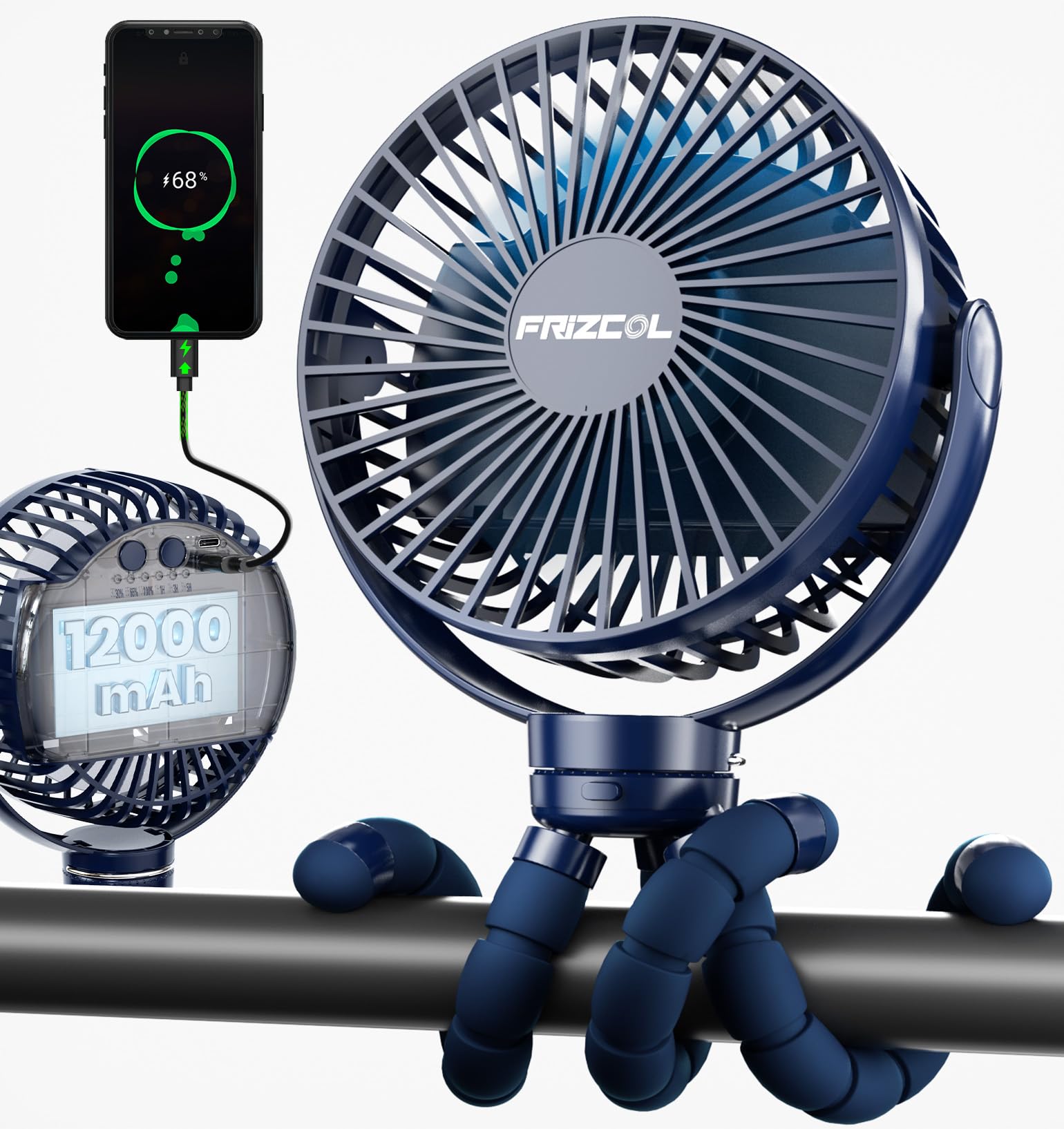 Photo 1 of FRIZCOL 12000mAh Portable Stroller Fan, Use As Power Bank, 65H Battery Operated Fan Flexible Tripod Clip On Fans, Detachable Personal Handheld Baby Fans for Stroller, Car seat, Desk, Treadmill (Blue)