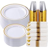 Goodluck 350 Piece Gold Plastic Dinnerware Set for 50 Guests, Fancy Disposable Plates for Party, Include: 50 Dinner Plates, 50 Dessert Plates, 50 Pre Rolled Napkins with Silverware, 50 Cups