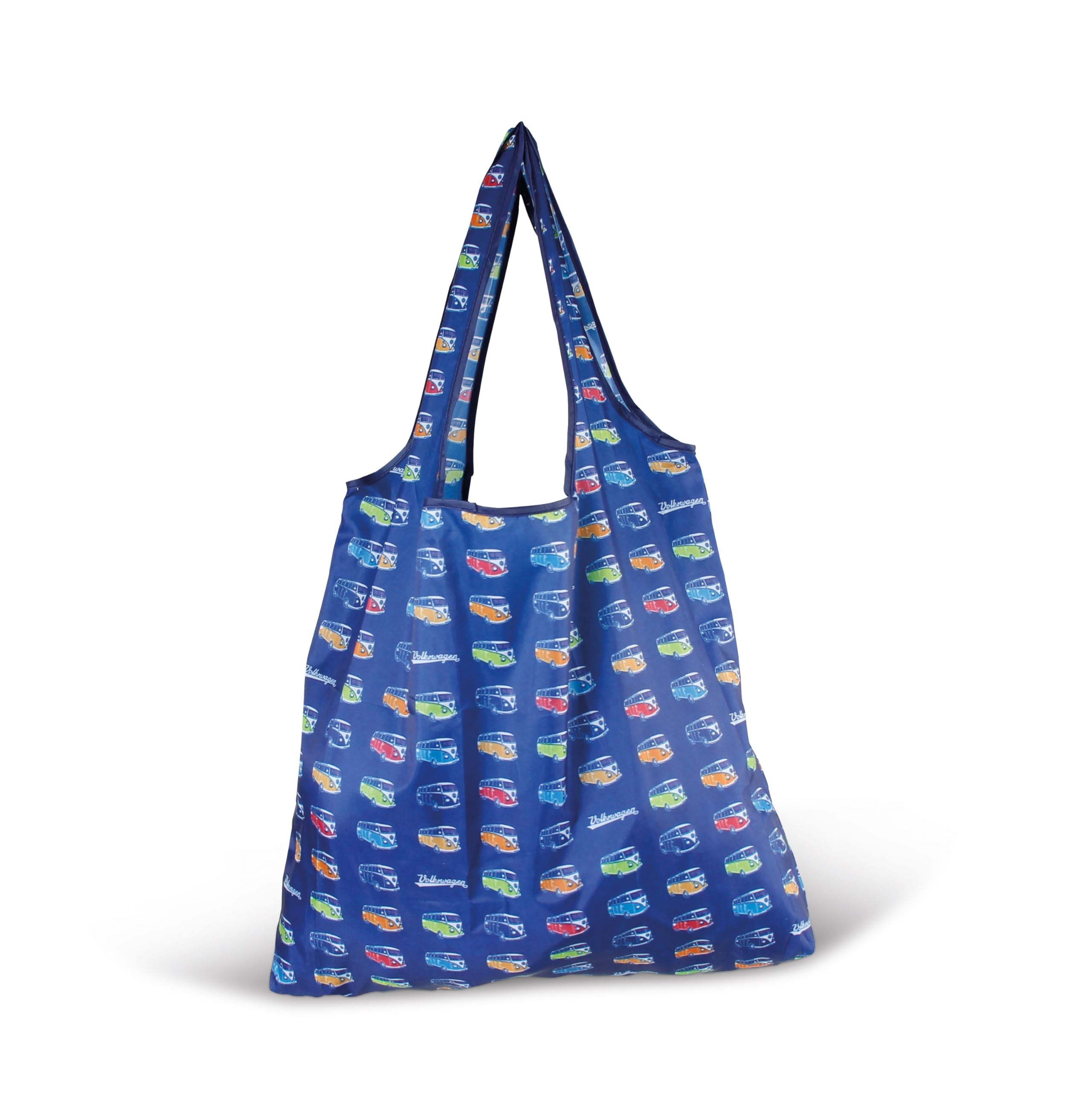 BRISA VW Collection - Volkswagen Reusable Polyester Shopping Bag Grocery Sack with T1 Bus Campervan Motif (Bus Parade/Blue)